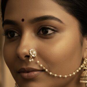 The Heritage Floral Nose Ring with Attached Beaded Chain