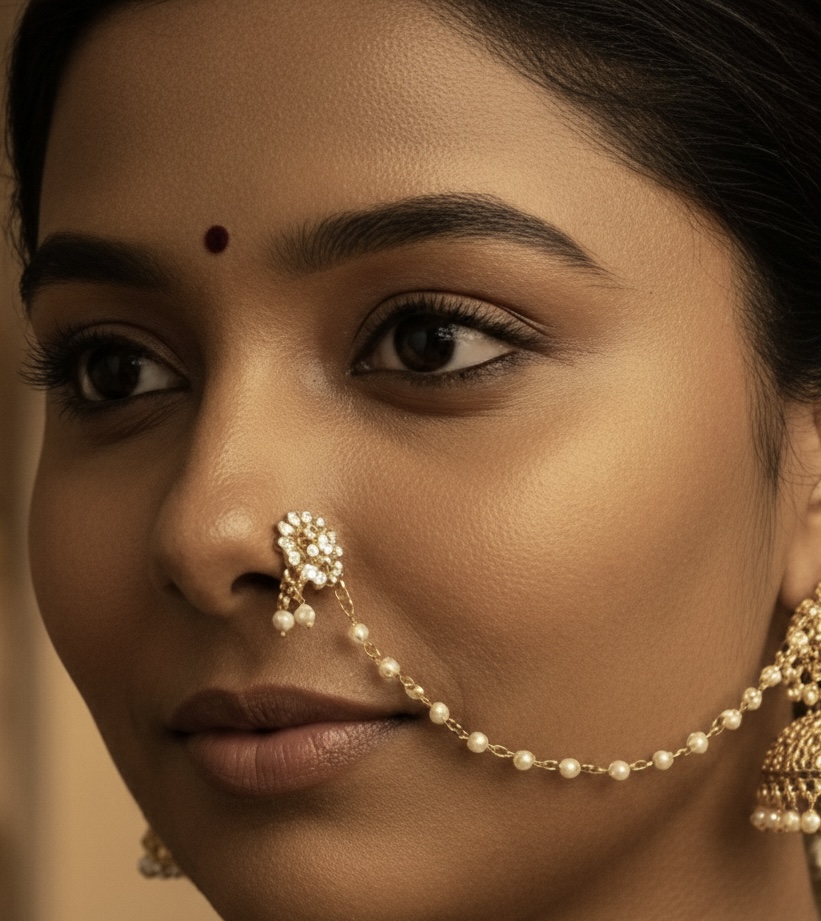 The Heritage Floral Nose Ring with Attached Beaded Chain