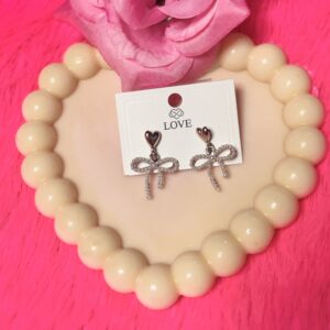 Diamond-Style Bow Drop Earrings with Heart Stud